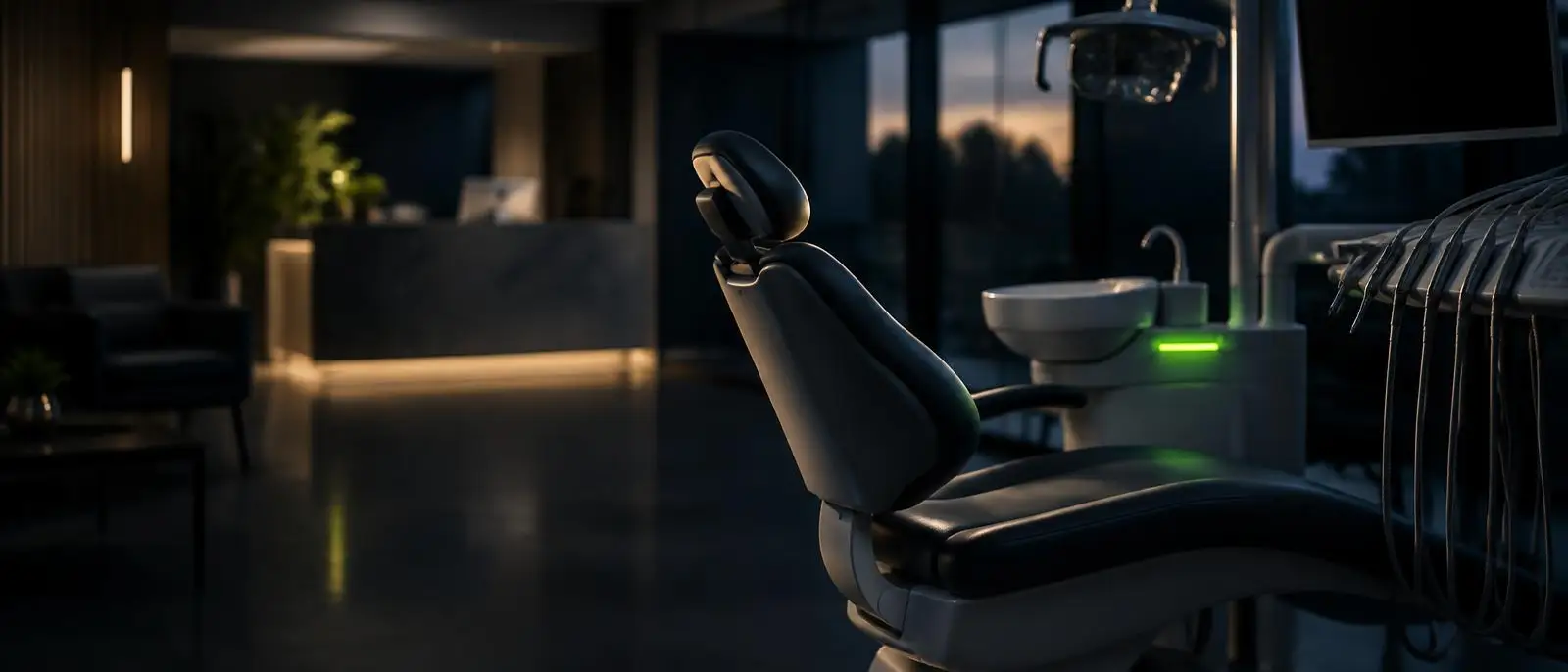 An empty dental chair in a clinic at dusk