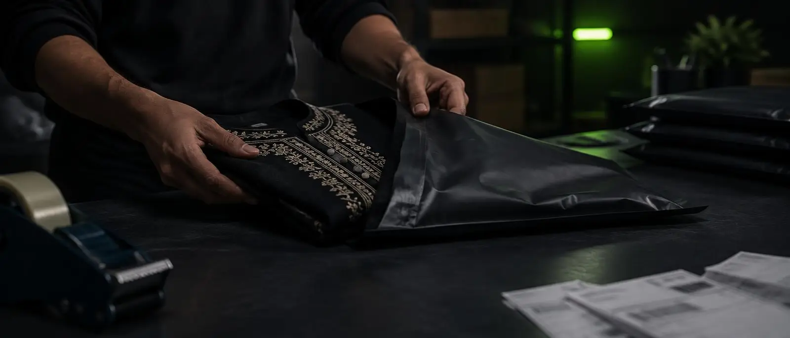Hands packing an embroidered kurta into a branded mailer