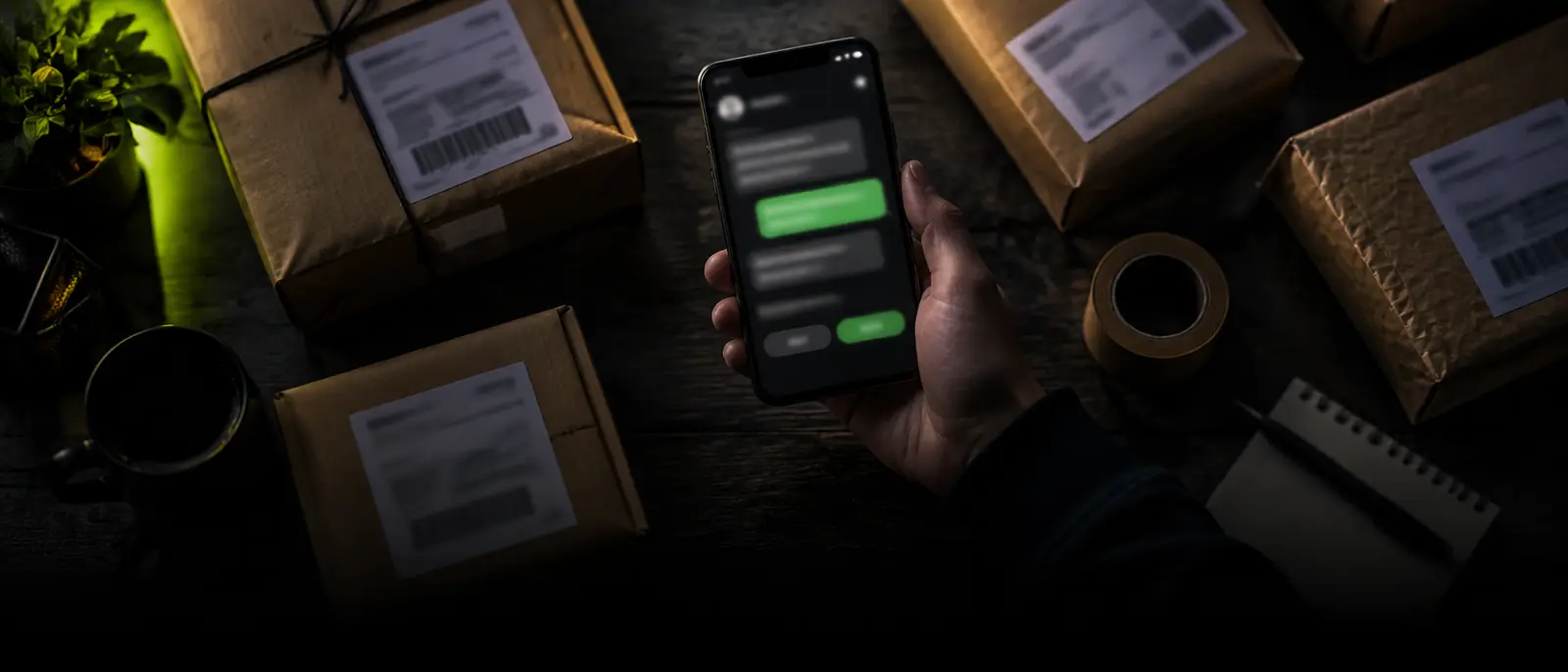 A phone showing a WhatsApp order confirmation above packed courier parcels