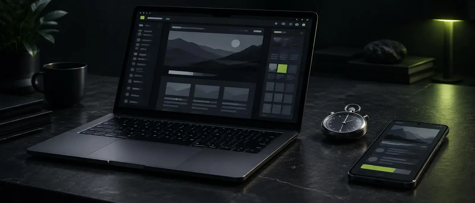 Laptop with a store editor beside a stopwatch and a phone